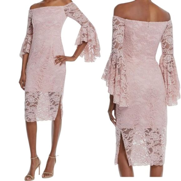 Milly Selena Off The Shoulder Floral Lace Romantic Dress Bell Sleeve Pink Siz 10 - Picture 3 of 17